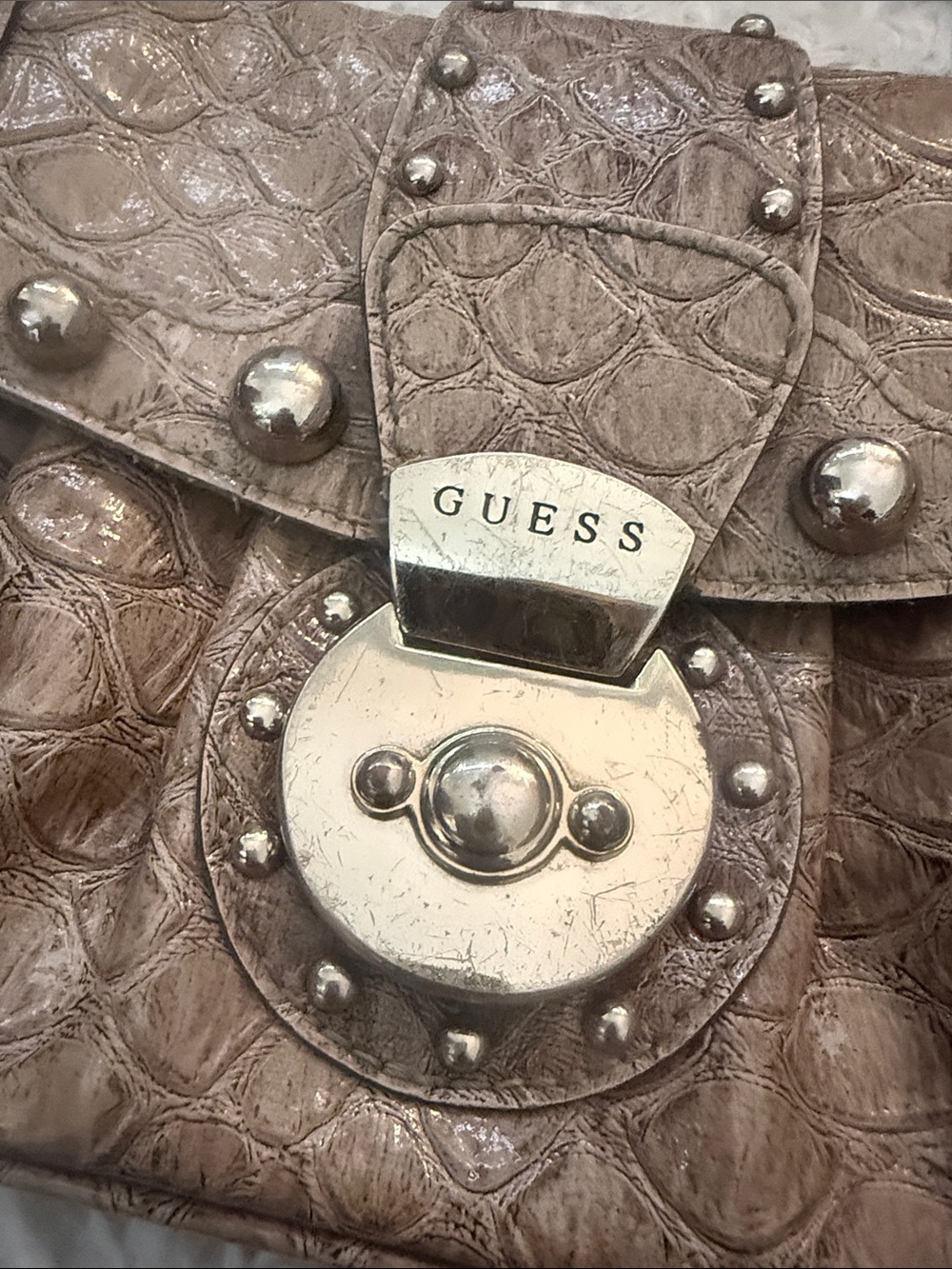 Guess Taupe Croc-Embossed Studded Shoulder Bag - Picture 4 of 7